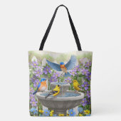 Blauwvogels Goldfinches en fontain Birdbat Tote Bag (Achterkant)