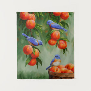 Blauwvogels in een boomgaard wandkleed