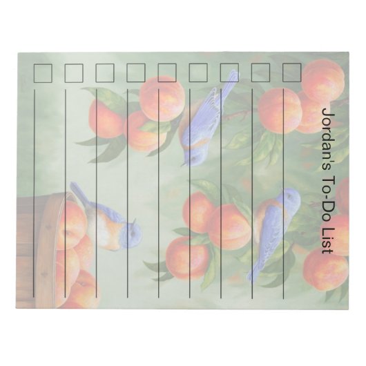 Blauwvogels in een Peach Tree Orchard To-Do-lijst Notitieblok (Voorkant)