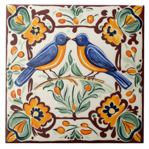Blauwvogels Mediterrane Blauwe Vogels Folk Floral Tegeltje