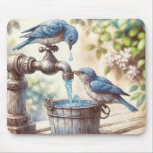 Blauwvogels met een oude kraan en emmer muismat (Voorkant)