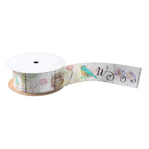 Blauwvogels met pink Hydrangea Floral Monogrammen Satijnen Lint