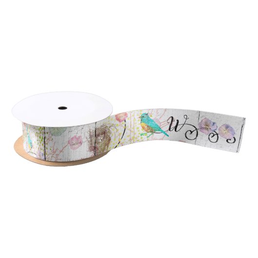 Blauwvogels met Roze Hydrangea Floral Monogrammed Satijnen Lint (Spoel)