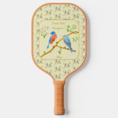 Blauwvogels met tekst gele pickleball paddle (Voorkant)