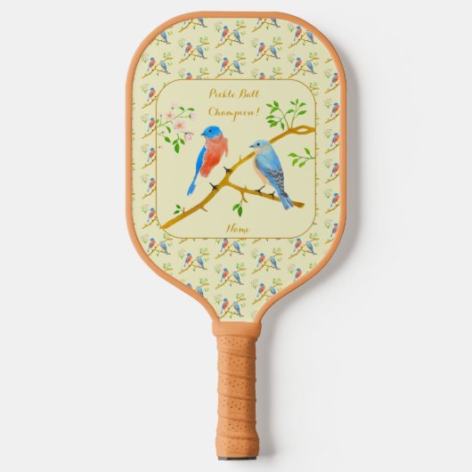 Blauwvogels met tekst gele pickleball paddle (Voorkant)