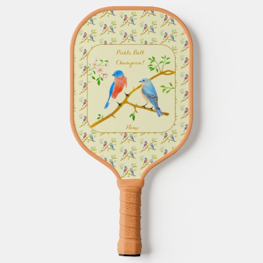 Blauwvogels met tekst gele pickleball paddle (Achterkant)