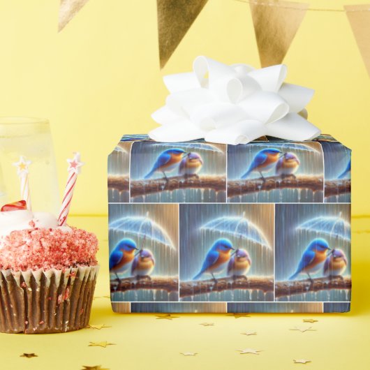 Blauwvogels onder een paraplu cadeaupapier (Verjaardagsfeest)