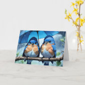 Blauwvogels onder een paraplu Jubileum Kaart (Gele Bloem)