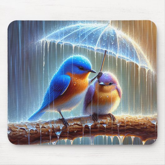 Blauwvogels onder een paraplu muismat (Voorkant)