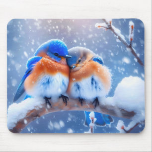 Blauwvogels op een besneeuwde tak muismat