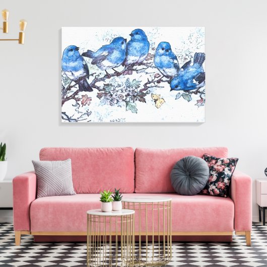 Blauwvogels op kersenbloesem canvas afdruk (Insitu (Woonkamer))