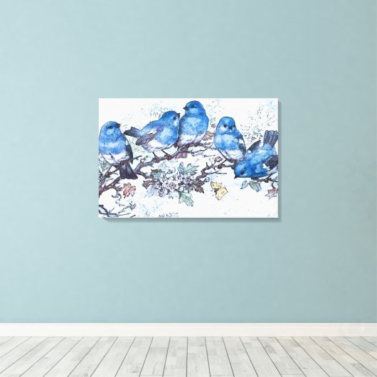 Blauwvogels op kersenbloesem canvas afdruk (Insitu (Houten vloer))