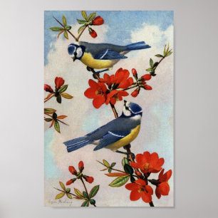  Blauwvogels Rode Blossom Kunst Afdrukken Poster