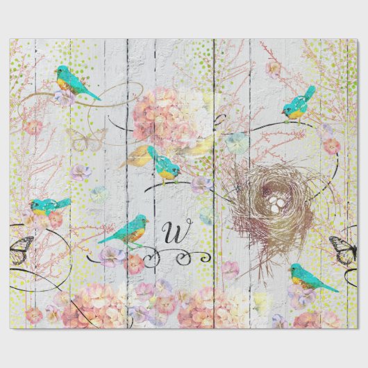 Blauwvogels Roze Hydrangea Vogels Nest Monogrammed Cadeaupapier (Vlak)