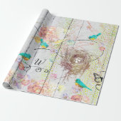 Blauwvogels Roze Hydrangea Vogels Nest Monogrammed Cadeaupapier (Uitgerold)