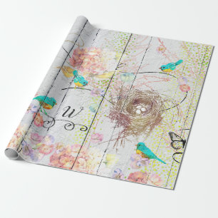 Blauwvogels Roze Hydrangea Vogels Nest Monogrammed Cadeaupapier