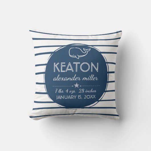 Blauwwalvis Nautical Baby Boy Birth Stats Kussen (Voorkant)