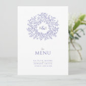 blauwwitte bladtekening monogram bruiloft menu (Staand voorkant)
