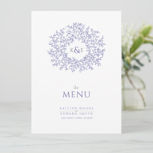 blauwwitte bladtekening monogram bruiloft menu (Staand voorkant)