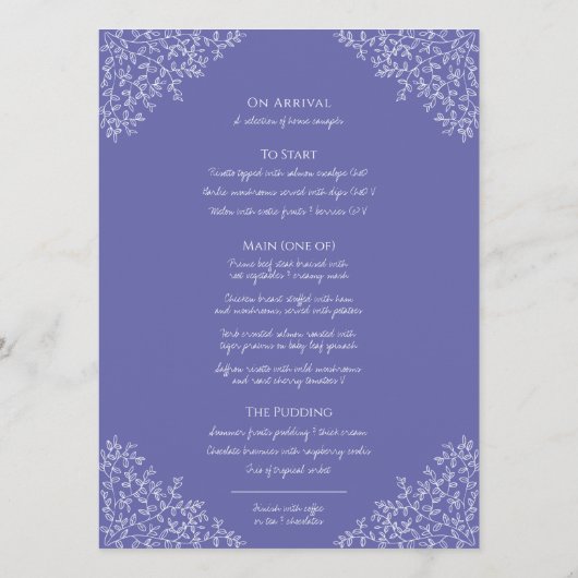 blauwwitte bladtekening monogram bruiloft menu (Achterkant)