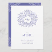 blauwwitte bladtekening monogram bruiloft menu (Voorkant / Achterkant)