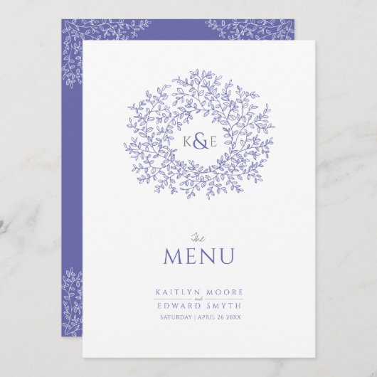 blauwwitte bladtekening monogram bruiloft menu (Voorkant / Achterkant)