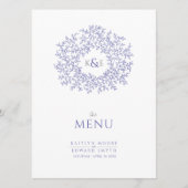 blauwwitte bladtekening monogram bruiloft menu (Voorkant)
