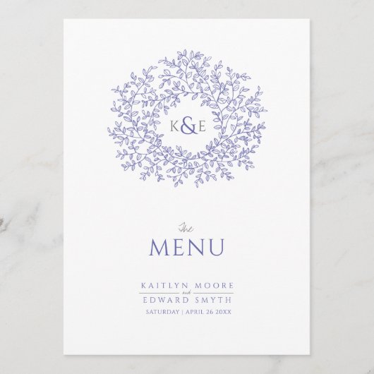 blauwwitte bladtekening monogram bruiloft menu (Voorkant)