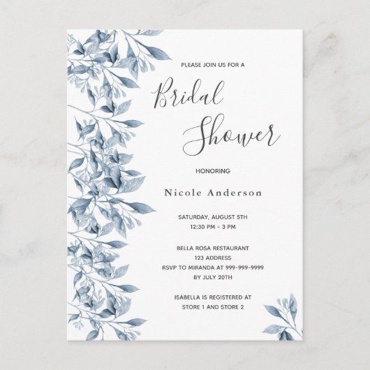 Blauwwitte botanische bridal Shower-uitnodiging Briefkaart (Voorkant)