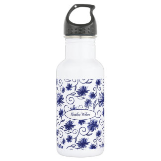 Blauwwitte flacon met flesje met naam waterfles