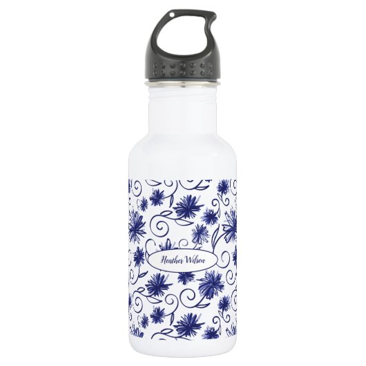 Blauwwitte flacon met flesje met naam waterfles  (Voorkant)