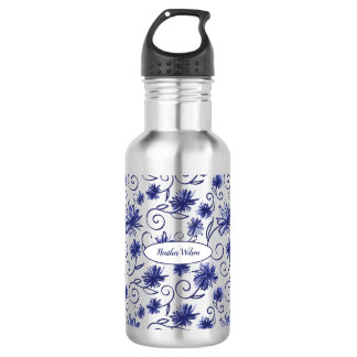 Blauwwitte flacon met flesje met naam waterfles
