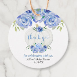 Blauwwitte pompoen baby shower bedankjes labels