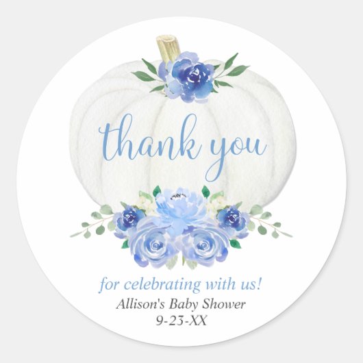 Blauwwitte pompoen baby shower ronde sticker (Voorkant)