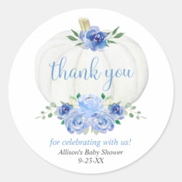 Blauwwitte pompoen baby shower ronde sticker