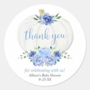 Blauwwitte pompoen baby shower ronde sticker