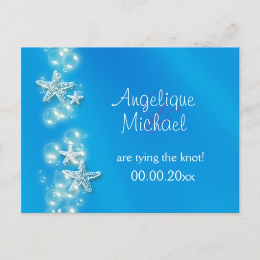 Blauwwitte strand zeester aankondiging (Voorkant)