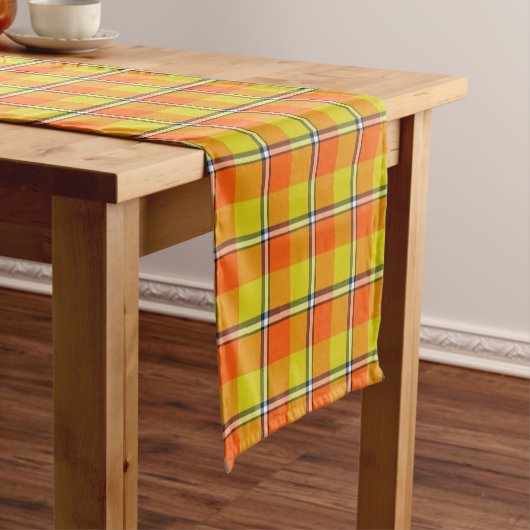 Blaze Orange en Bird Flower Plaid Korte Tafelloper (Voorbeeld)