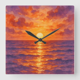 Blazing Sunset - Vibrant Watercolor Painting Style Vierkante Klok