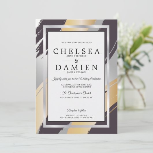 BLD Black-Gold-Silver BrushStrokes BarefootBride™ Kaart (Staand voorkant)