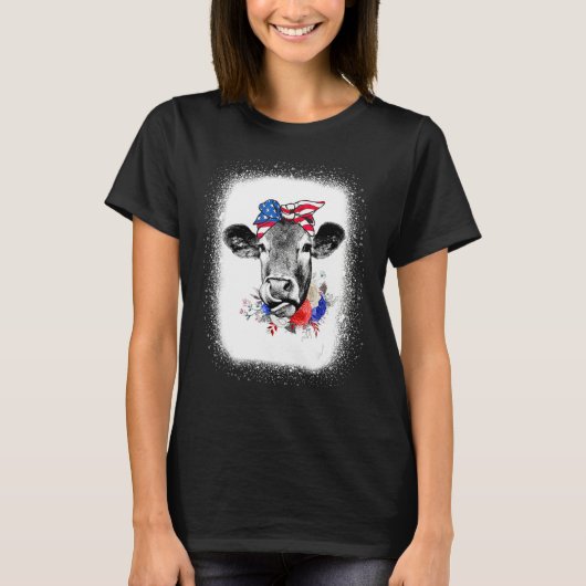 Bleached Highland Cow American Flag Patriotic 4th  T-shirt (Voorkant)
