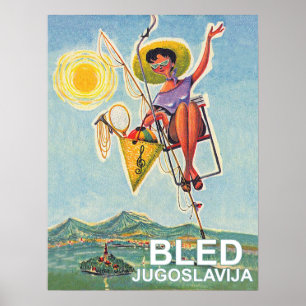 Bled, vrouw op skilift, oud reizen poster