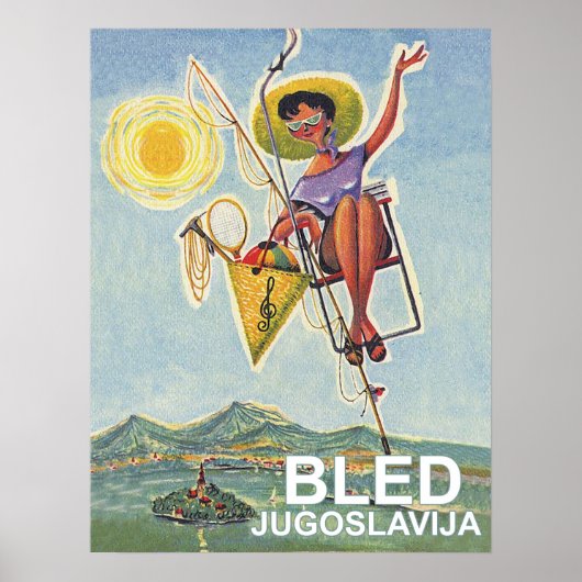 Bled, vrouw op skilift, oud reizen poster (Voorkant)