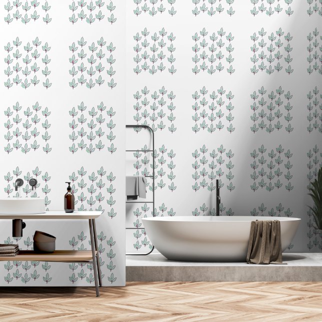Bleek Aqua Blad Met Bloesems Behang (Badkamer)