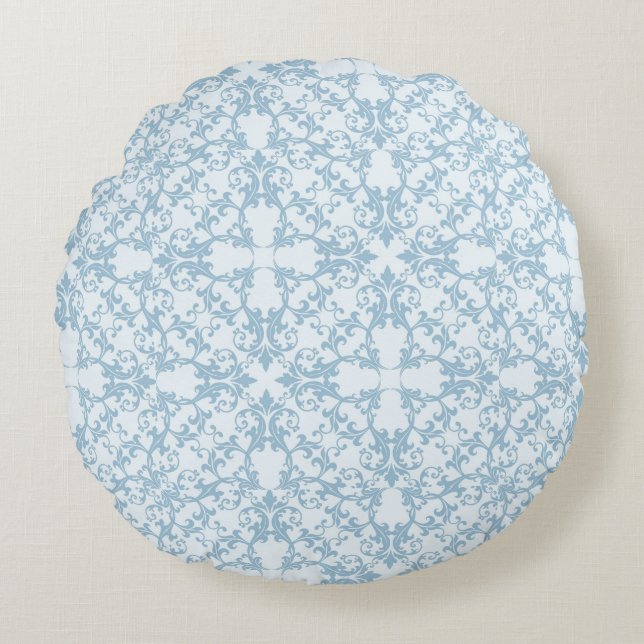 Bleek blauw Damask Rond Kussen (Voorkant)