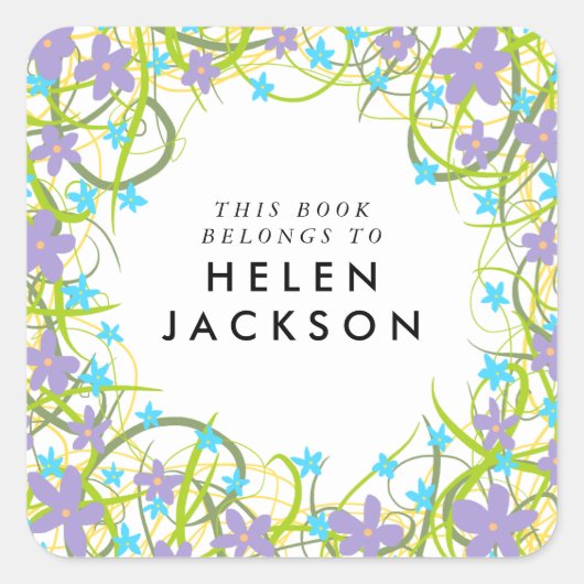 Bleek blauw en lila bloemboekennaam sticker (Voorkant)