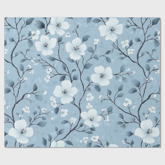 Bleek blauw en wit bloemenwijnpatroon cadeaupapier (Vlak)