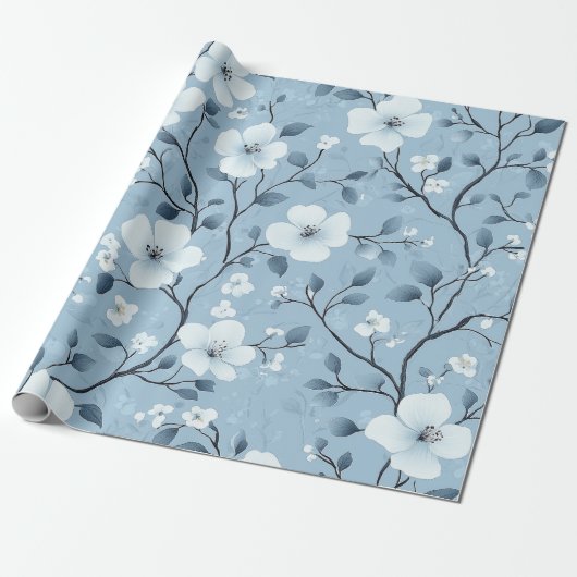 Bleek blauw en wit bloemenwijnpatroon cadeaupapier (Uitgerold)