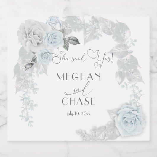 Bleek blauw en witte rozenwagentjes sparkling wijnetiket (Enkel label)