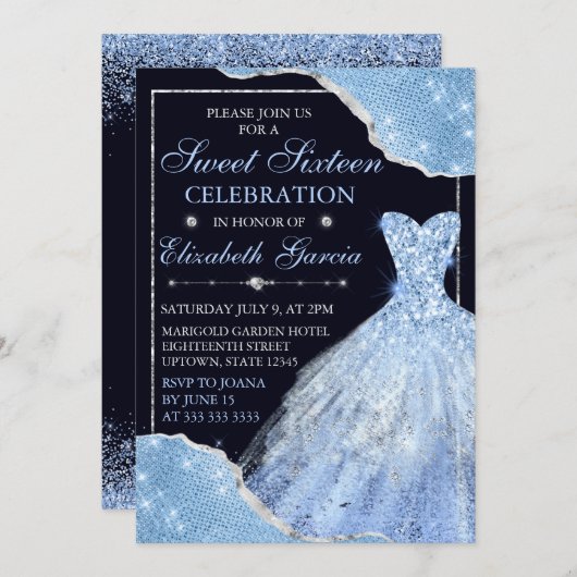 Bleek Blauw Glitter Dress & Glam Edges Sweet Sixte Kaart (Voorkant / Achterkant)